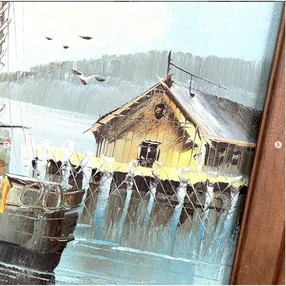 Vintage Boat Painting Canvas Signed Docked Harbor Framed Water Seascape Scenery - Picture 5 of 9